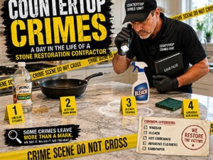 Informational infographic about countertop crimes; a stone contractor at a workbench with crime-scene tape, labeled steps, and an offenses checklist.